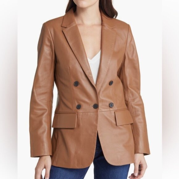 NWT FRAME ’70s Double-Breasted Leather Blazer Latte Size 6 - Picture 8 of 11